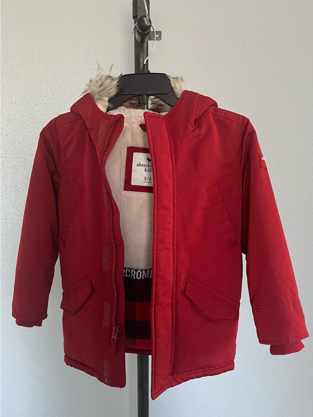 abercrombie kids Red Hooded Puffer Coat with Faux-Fur Trim
